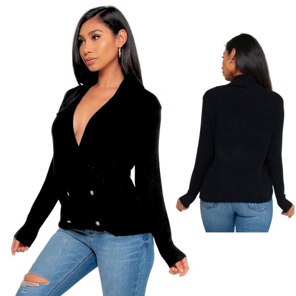 Lissy Sweaters - NWT Black Long Sleeve Cardigan Sweater with Plunge Neckline and Gold Buttons